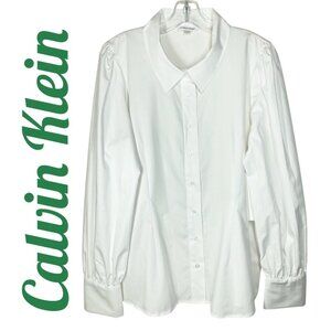 NWT CALVIN KLEIN 100% COTTON WHITE BUTTON UP BLOUSE PUFF SHOULDER 3-BUTTON CUFF,